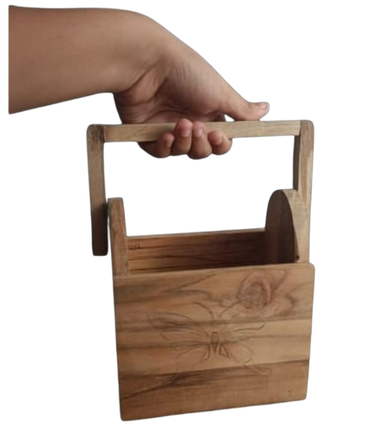 A wooden basket with a handle