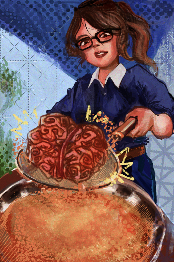 Illustration of a person stirring a pot of brains