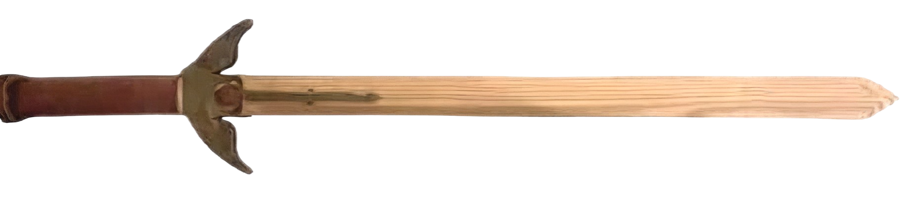 A wooden sword with a carved hilt
