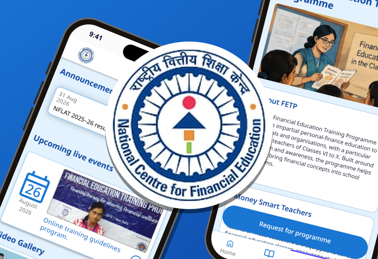 Two redesigned NCFE app screens on phones with the National Centre for Financial Education emblem between them