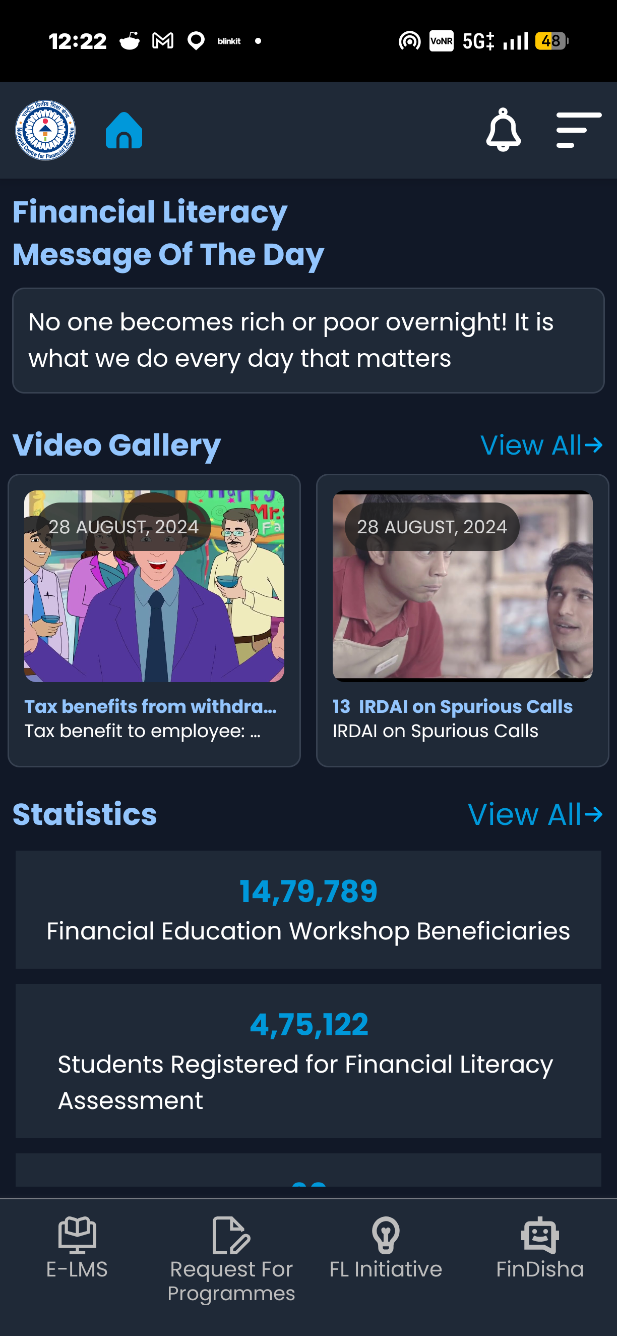 The original NCFE app home screen in dark mode: Financial Literacy Message of the Day, Video Gallery and Statistics