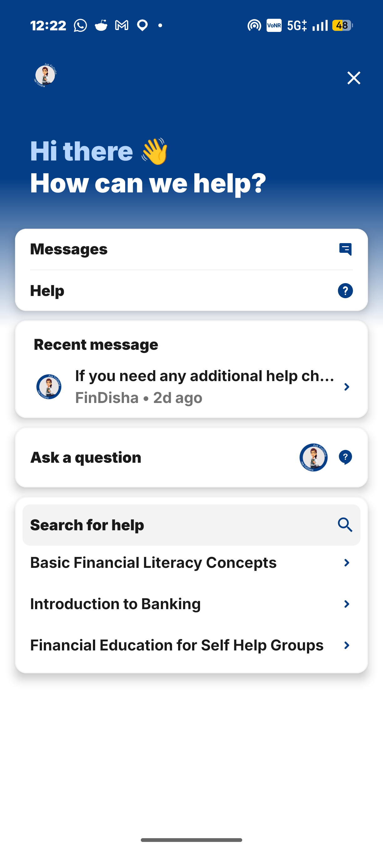 The original FinDisha assistant landing screen