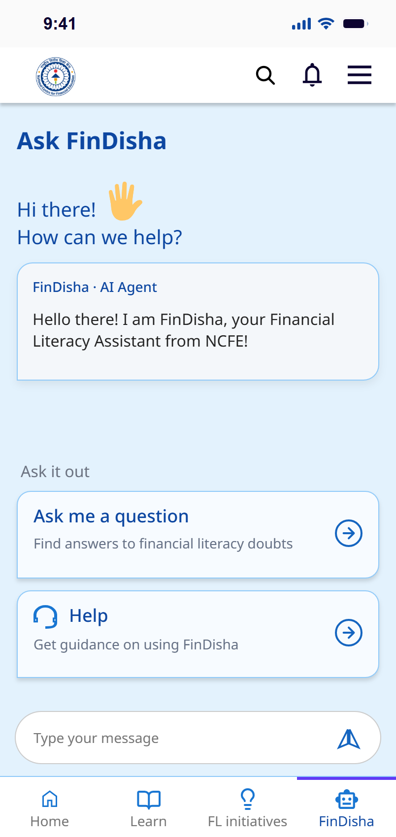 Redesigned FinDisha screen with Ask a question and Help