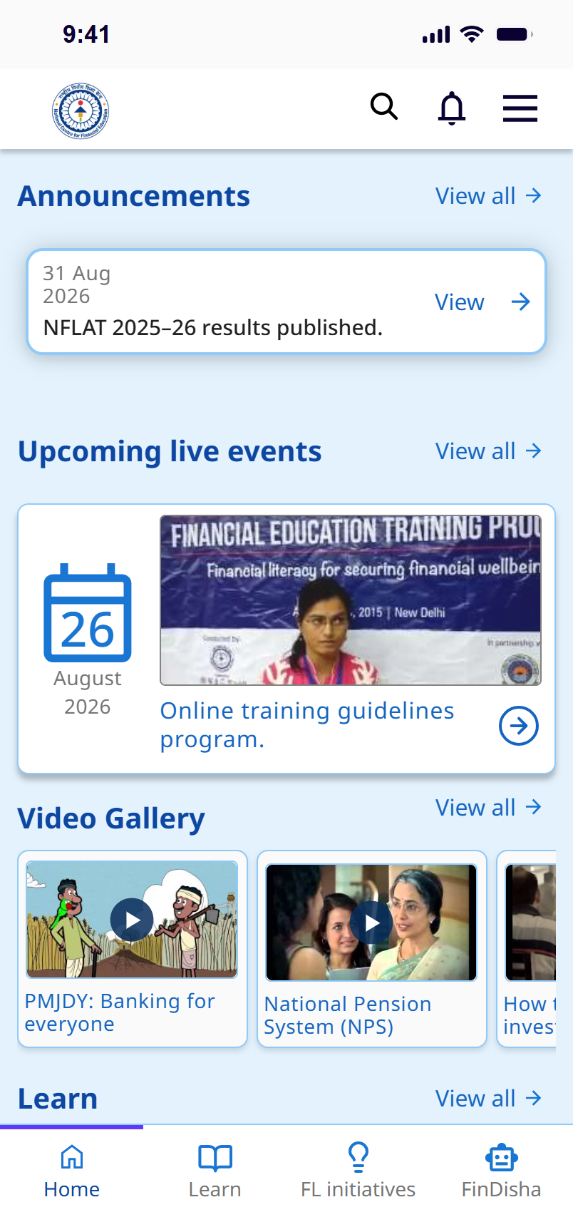 Redesigned Home screen: announcements, live events, video gallery and learning