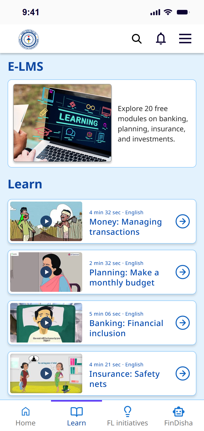 Redesigned Learn screen with E-LMS and videos together