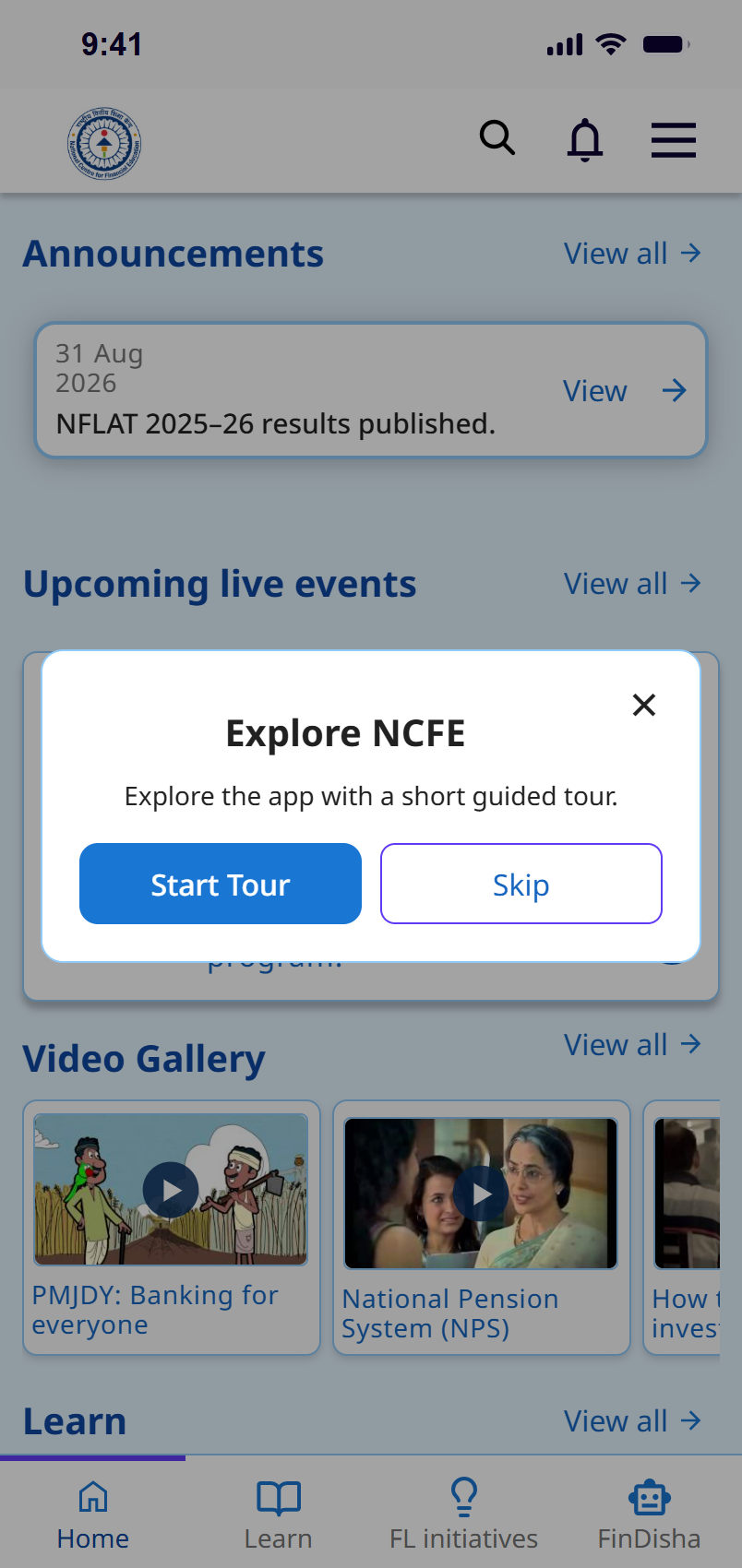 The Explore NCFE prompt with Start Tour and Skip