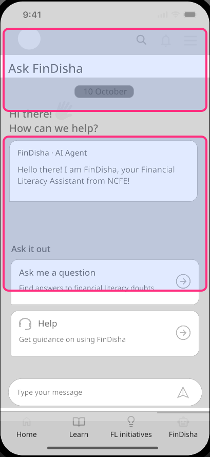 Wireframe of the redesigned FinDisha screen, changed parts highlighted