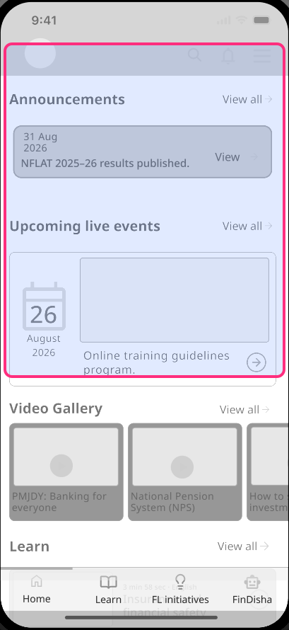 Wireframe of the redesigned Home screen, changed parts highlighted