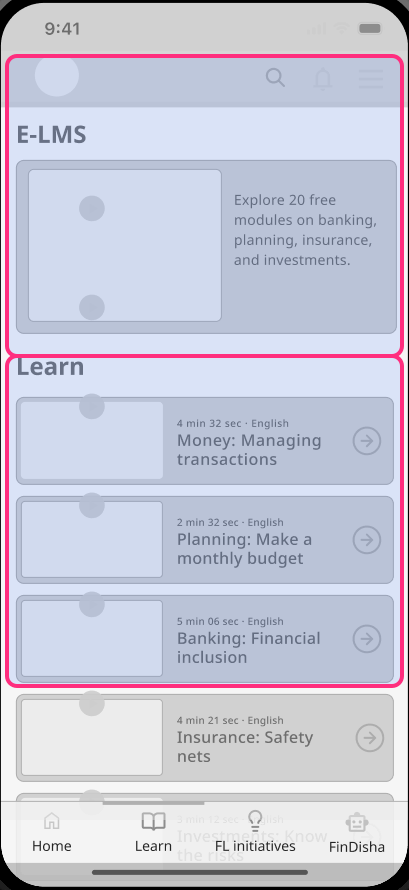 Wireframe of the redesigned Learn screen, changed parts highlighted