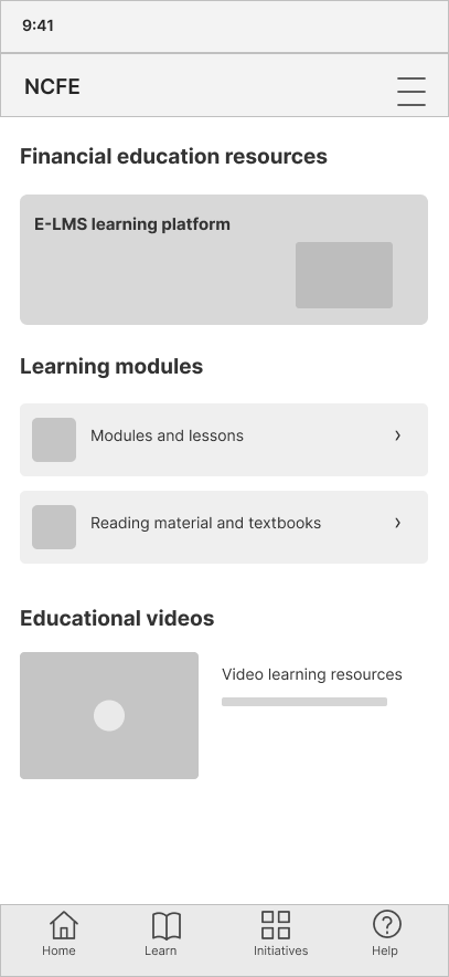 Wireframe of the existing Learn screen