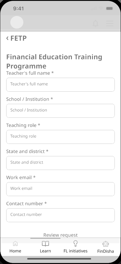 Wireframe: FETP teacher registration