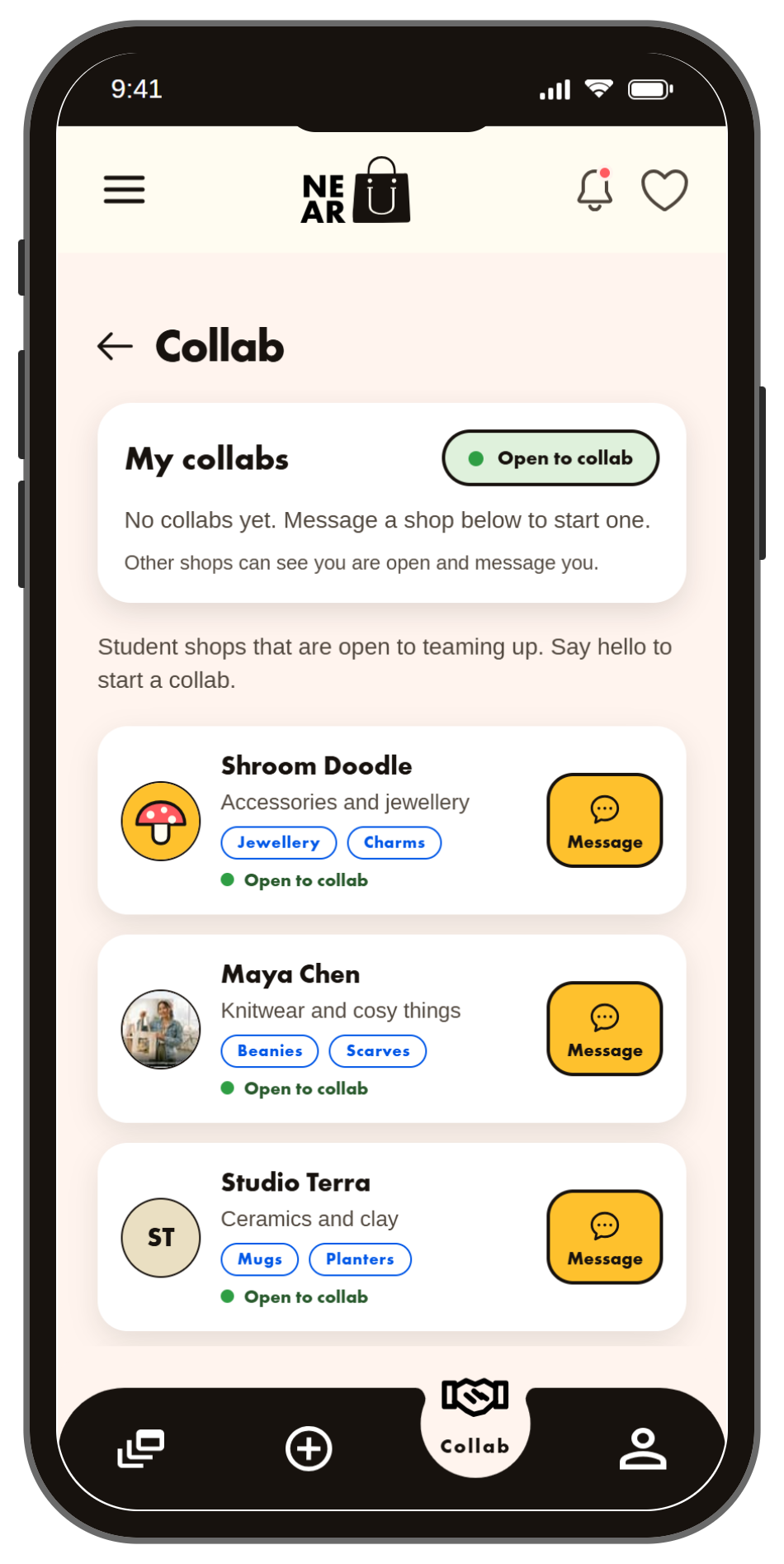 NearU Collab page: shops open to teaming up