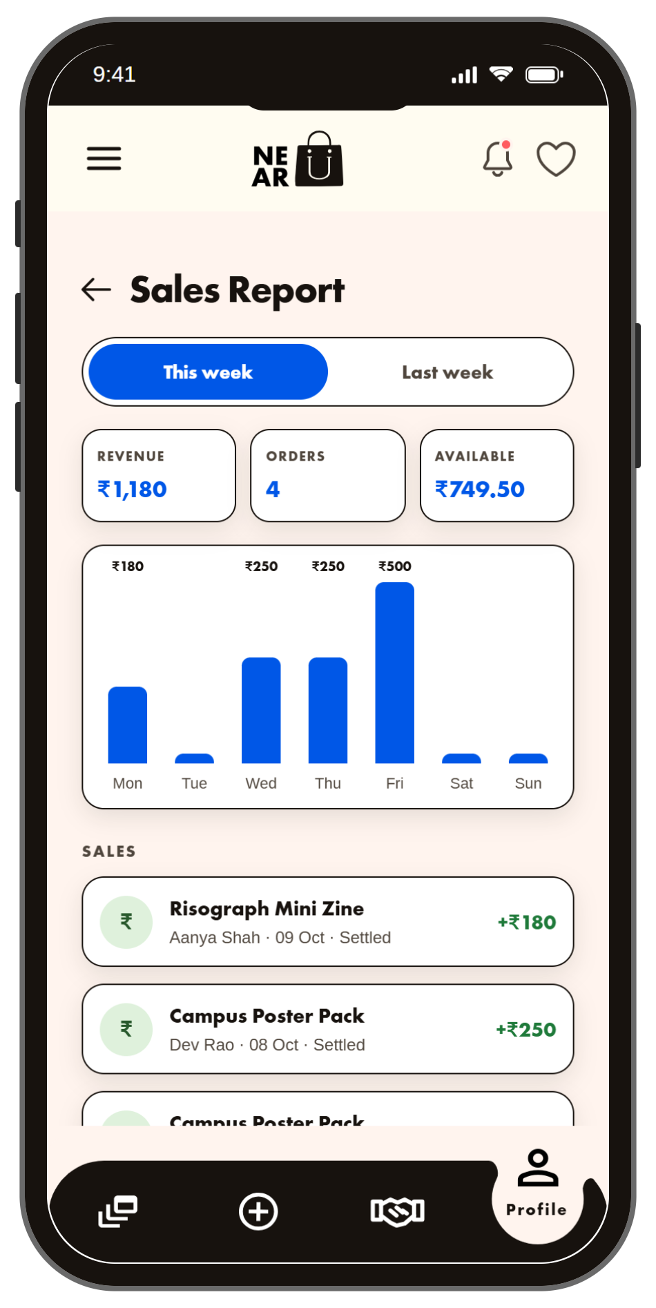 NearU Revenue report page: a seller sales report